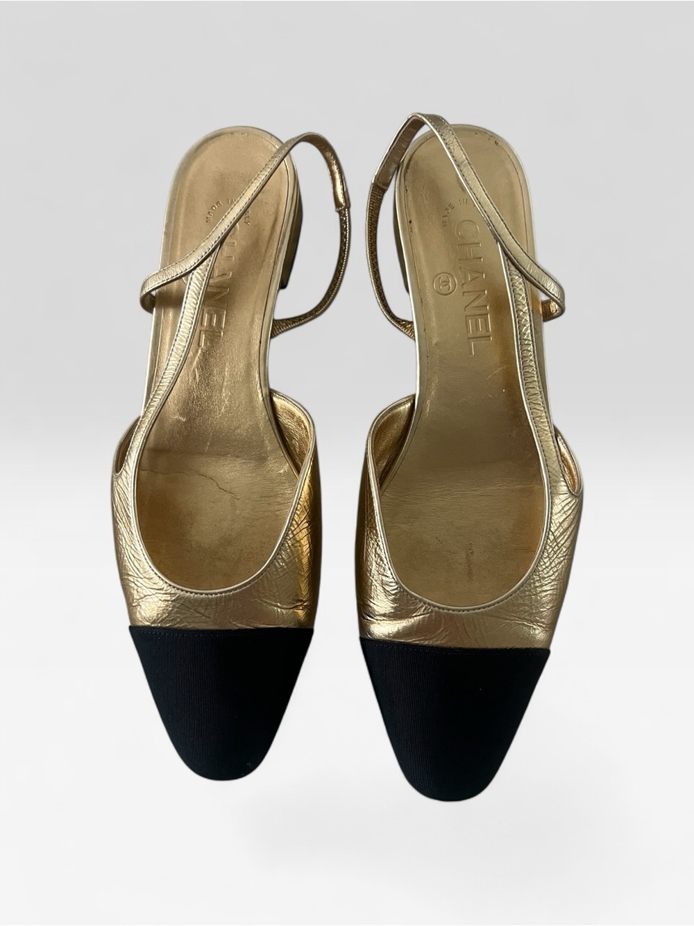CHANEL Gold Crinkle Leather and Black Grosgrain CapToe Slingback Flats Size 39.5